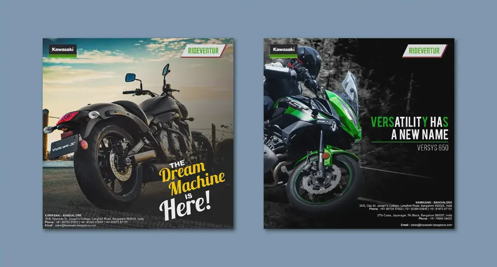 Social media campaign posters for two motorcycles